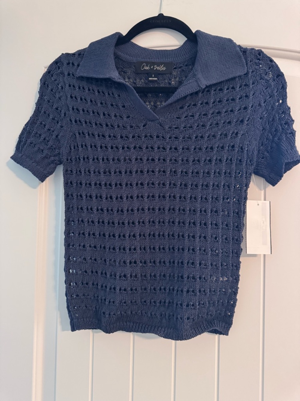 Oak + Fort Navy Open-Knit Polo Sweater
